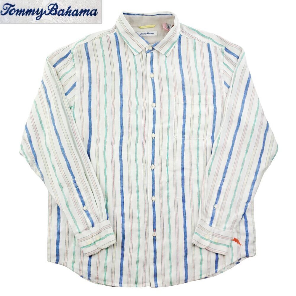 Tommy Bahama Linen Blend Shirt Button Up Striped Long Sleeve Dry Clean Men Large